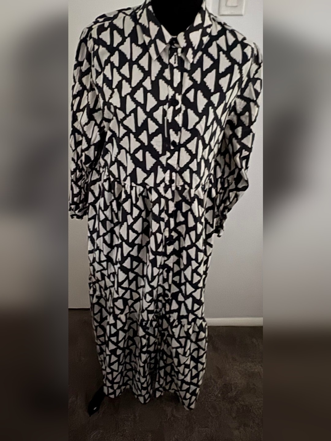 Zara Black And White Geometric Maxi Shirt Dress